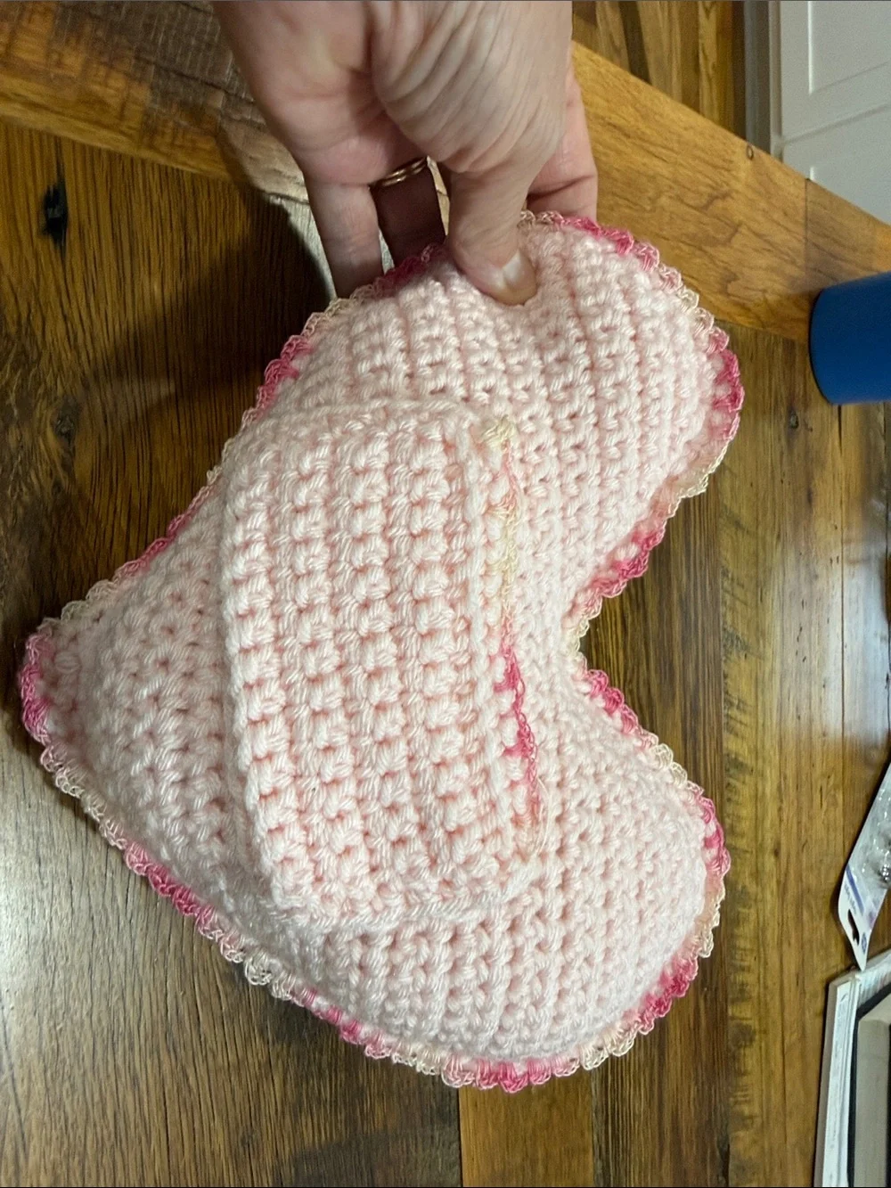 Handmade Pink Crochet Heart Tooth Fairy Pillow with Scalloped Edge